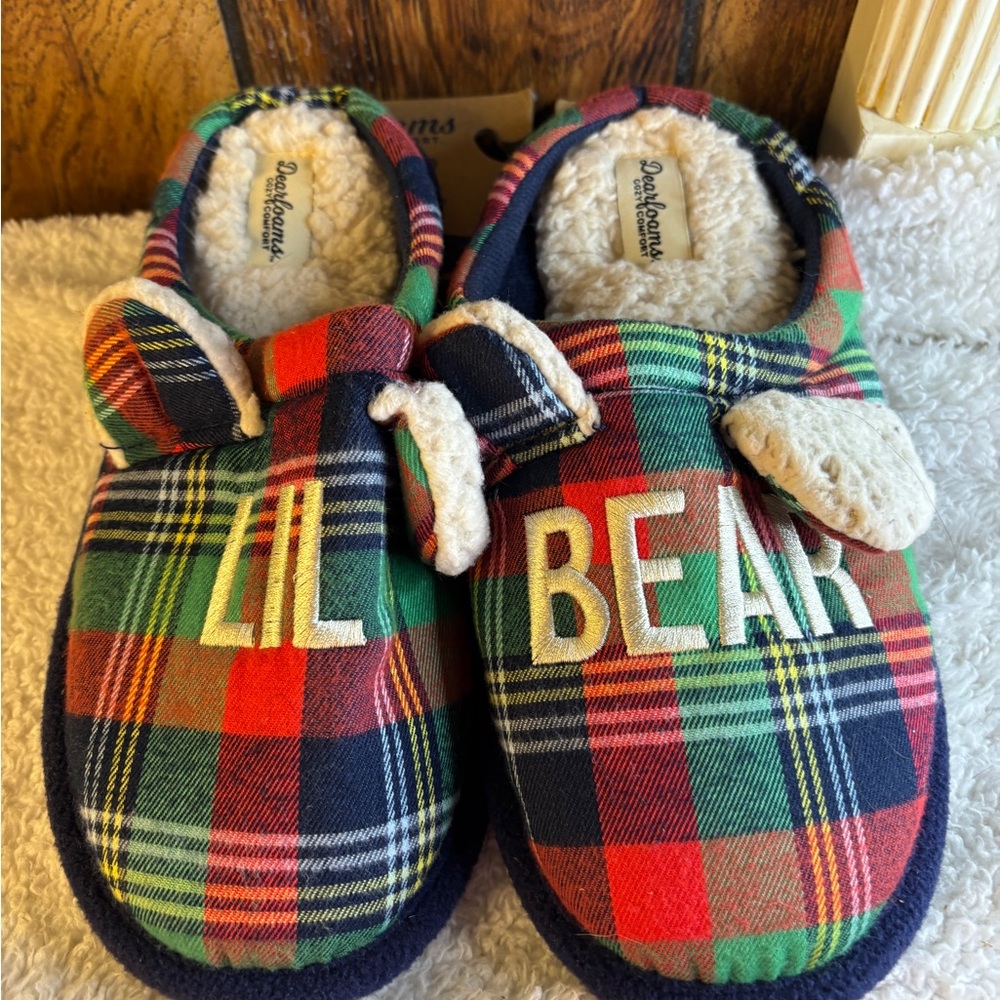 Dearfoams Memory Foam Plaid Lil Bear Holiday Cozy Slippers size 7-8 Women New